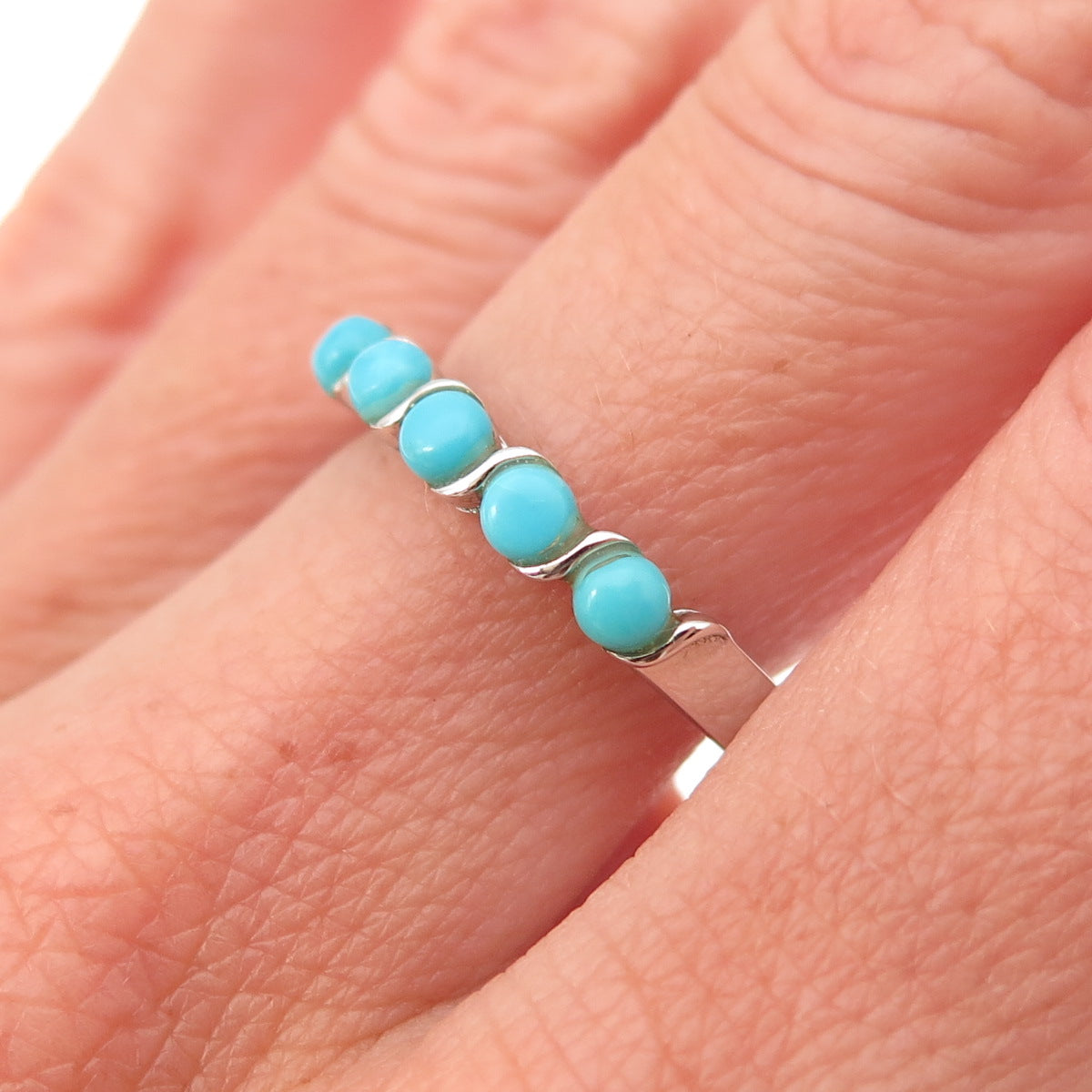 925 Sterling Silver Real Sleeping Beauty Turquoise Beaded Band Ring Size 8
