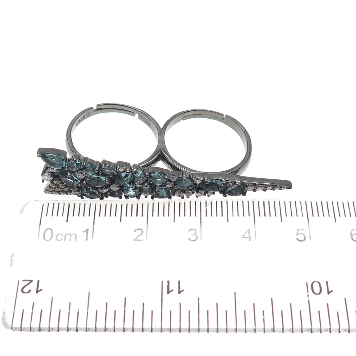 925 Sterling Black Rhodium Real Apatite & C Z Adjustable Two Finger Ring Size 6