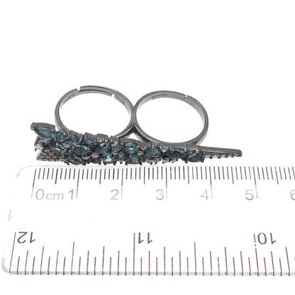 925 Sterling Black Rhodium Real Apatite & C Z Adjustable Two Finger Ring Size 6