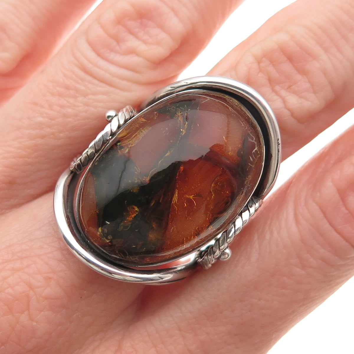 925 Sterling Silver Vintage Real Amber Modernist Oxidized Ring Size 9