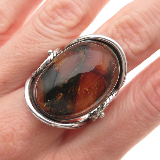 925 Sterling Silver Vintage Real Amber Modernist Oxidized Ring Size 9