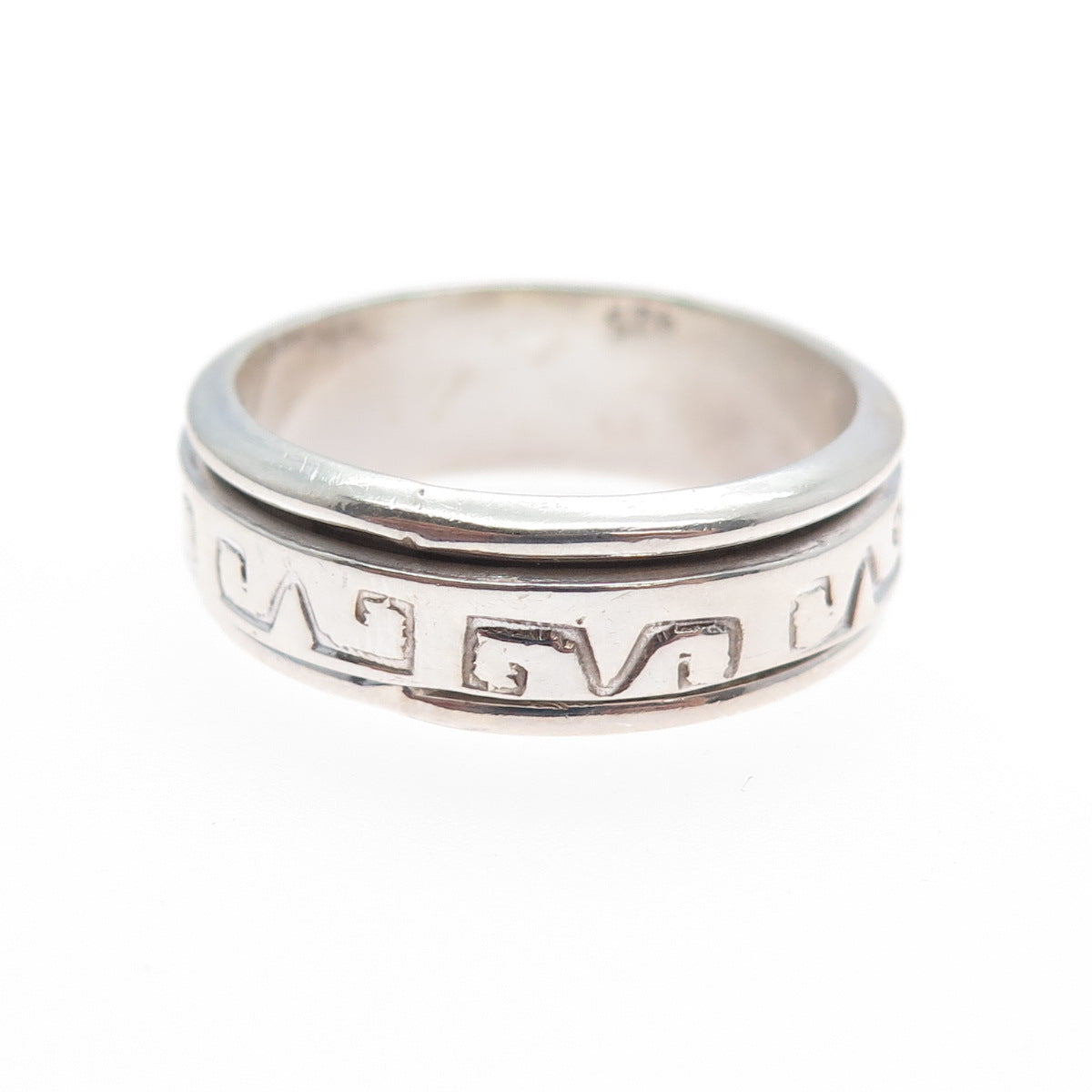 925 Sterling Silver Vintage Tribal Symbol Rotating Band Ring Size 10.5