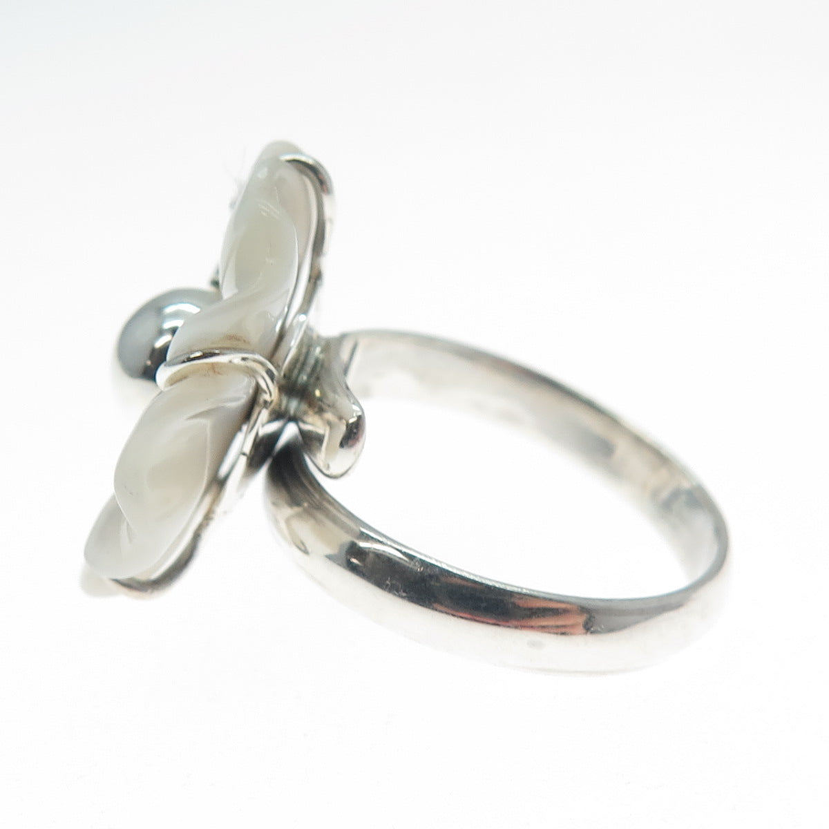 RIDER 950 Silver Vintage Real Carved MOP Flower Adjustable Ring Size 8.75