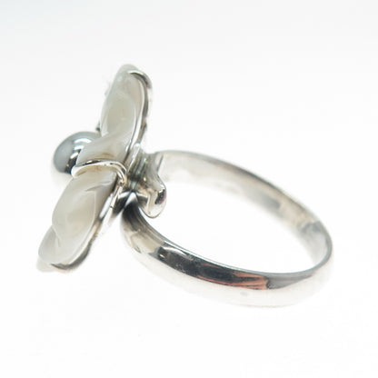 RIDER 950 Silver Vintage Real Carved MOP Flower Adjustable Ring Size 8.75