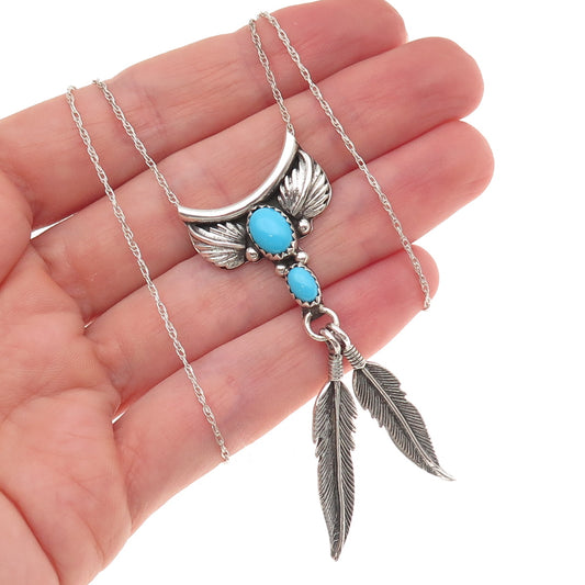Benjamin James Navajo Old Pawn Sterling Vintage Turquoise Feather Necklace 18"