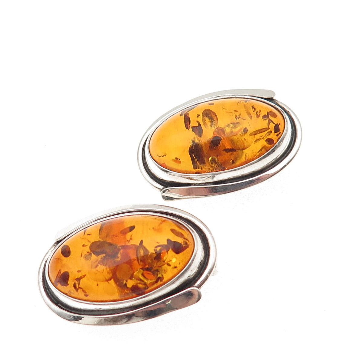925 Sterling Silver Vintage JB Poland Real Amber Modernist Clip On Earrings