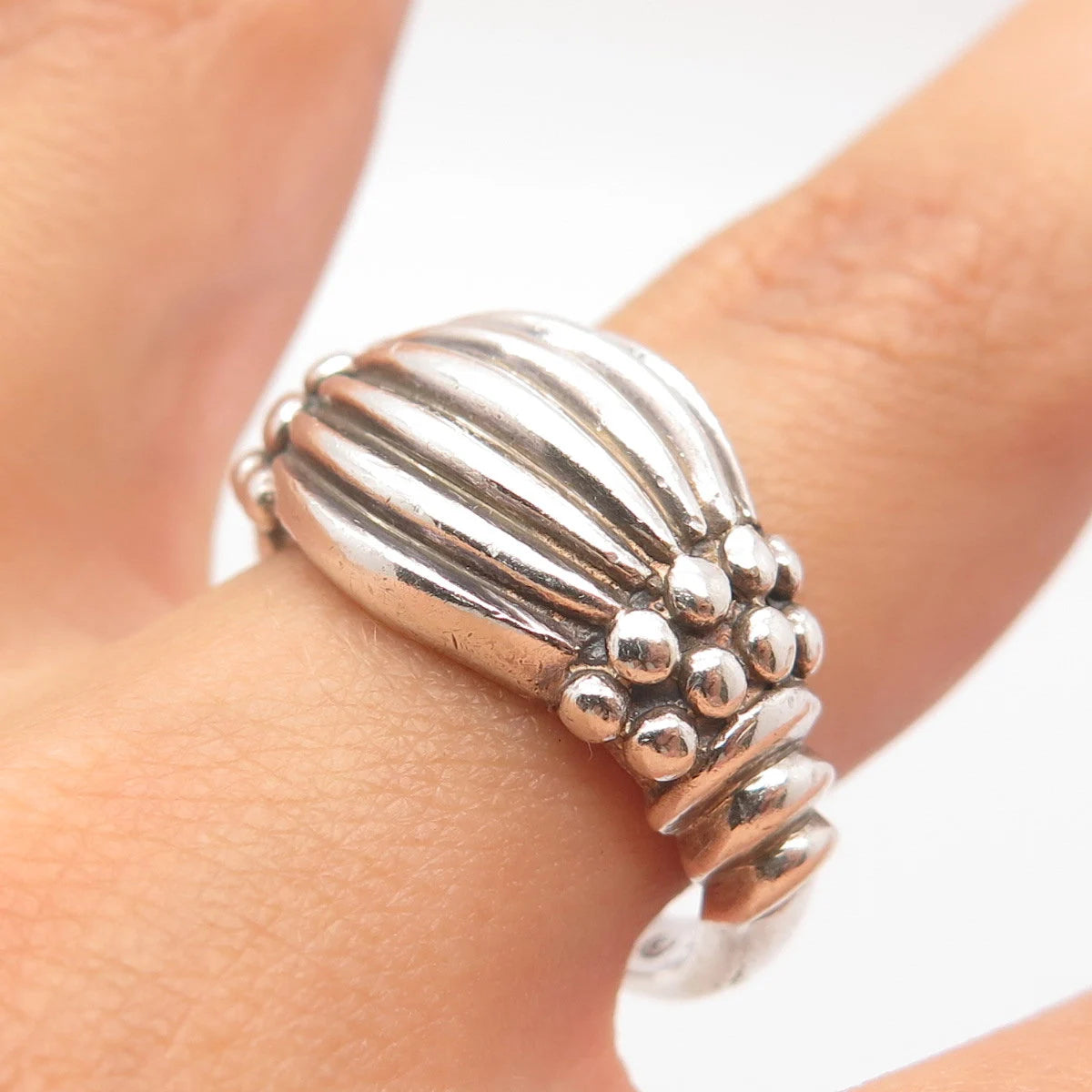925 Sterling Silver Vintage Ribbed Beaded Wide Ring Size 7.75