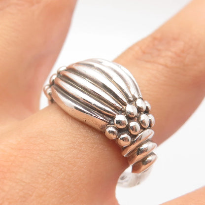 925 Sterling Silver Vintage Ribbed Beaded Wide Ring Size 7.75