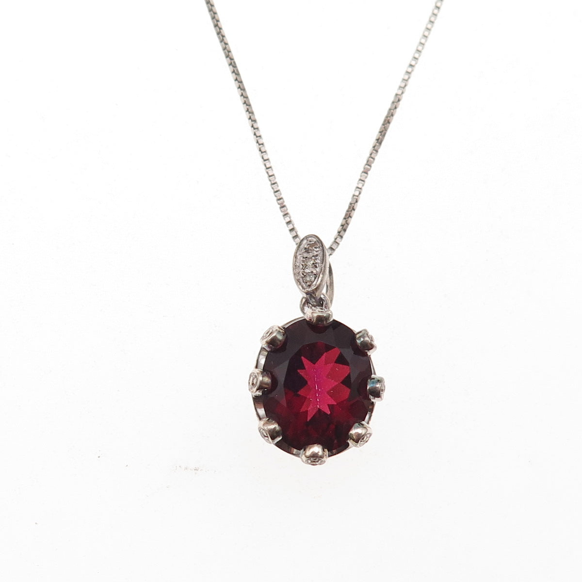 925 Sterling Silver Real Diamond & Mystic Red Crystal Box Chain Necklace 18"