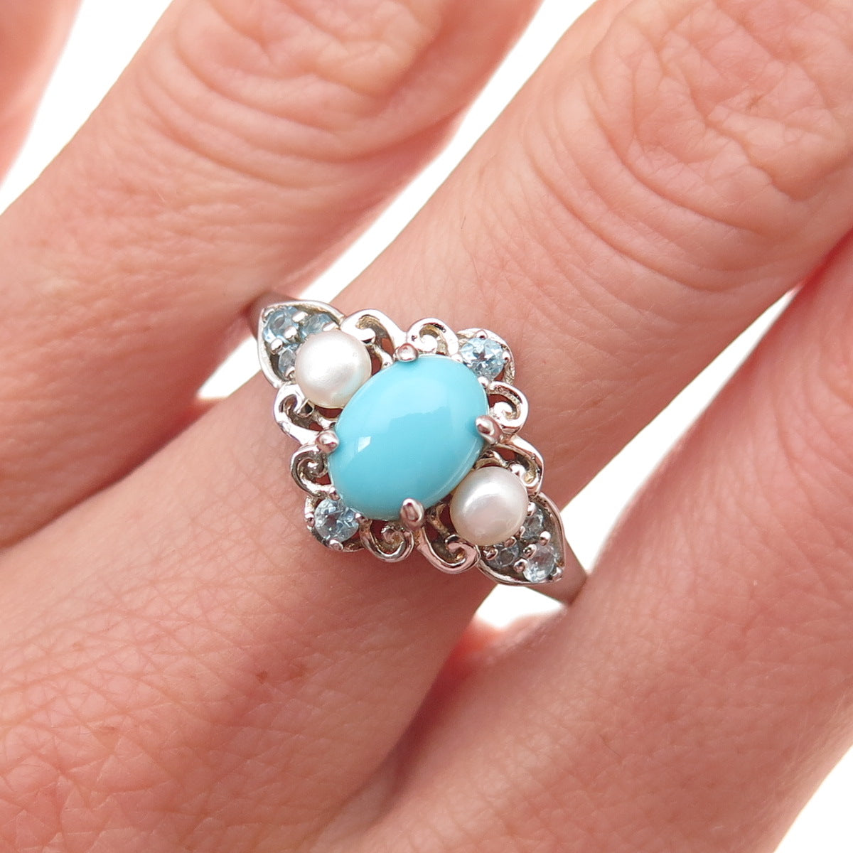 925 Sterling Silver Real Turquoise Pearl & Blue Topaz Ring Size 10.25