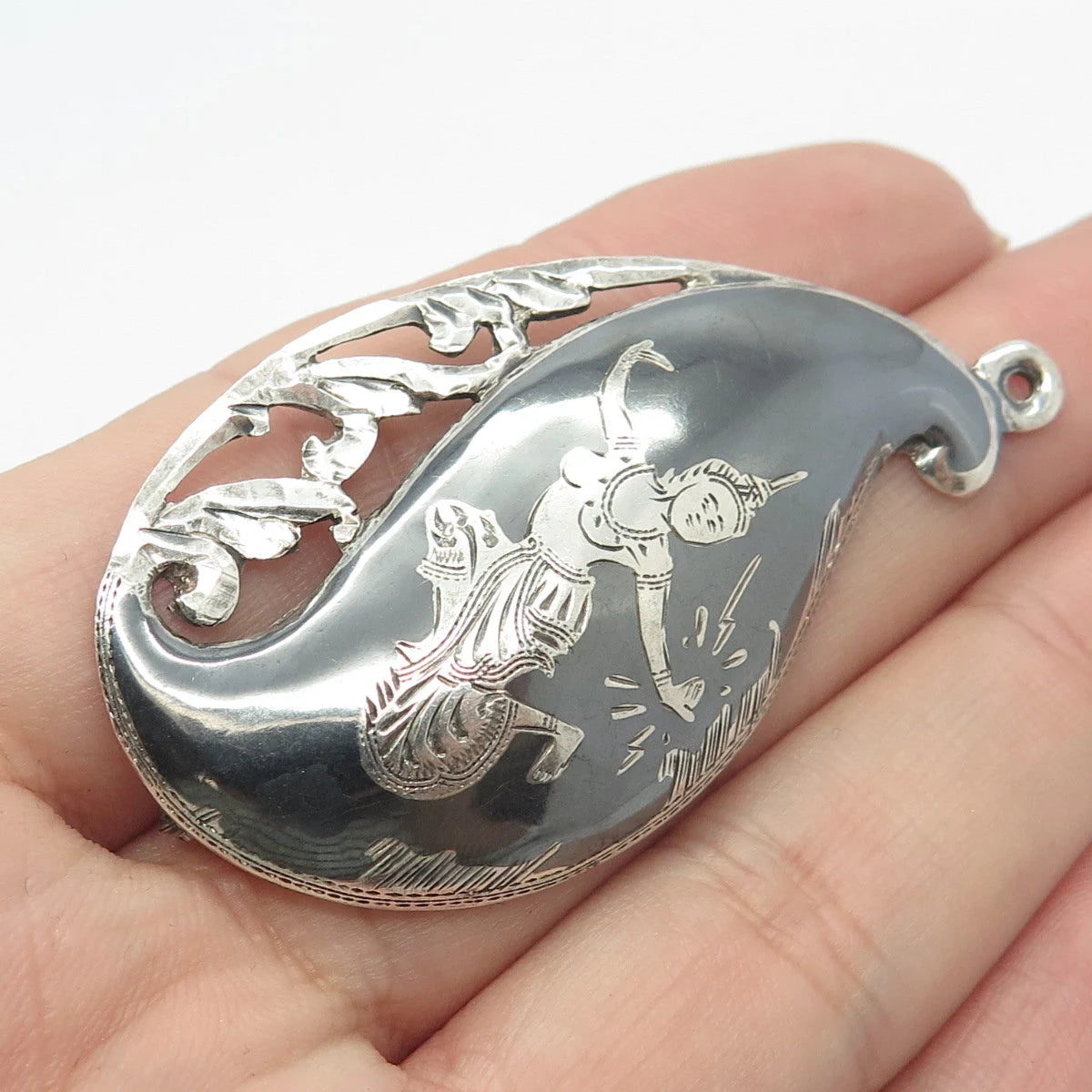 925 Sterling Silver Vintage Siam Niello Hindu Goddess Pin Brooch / Pendant