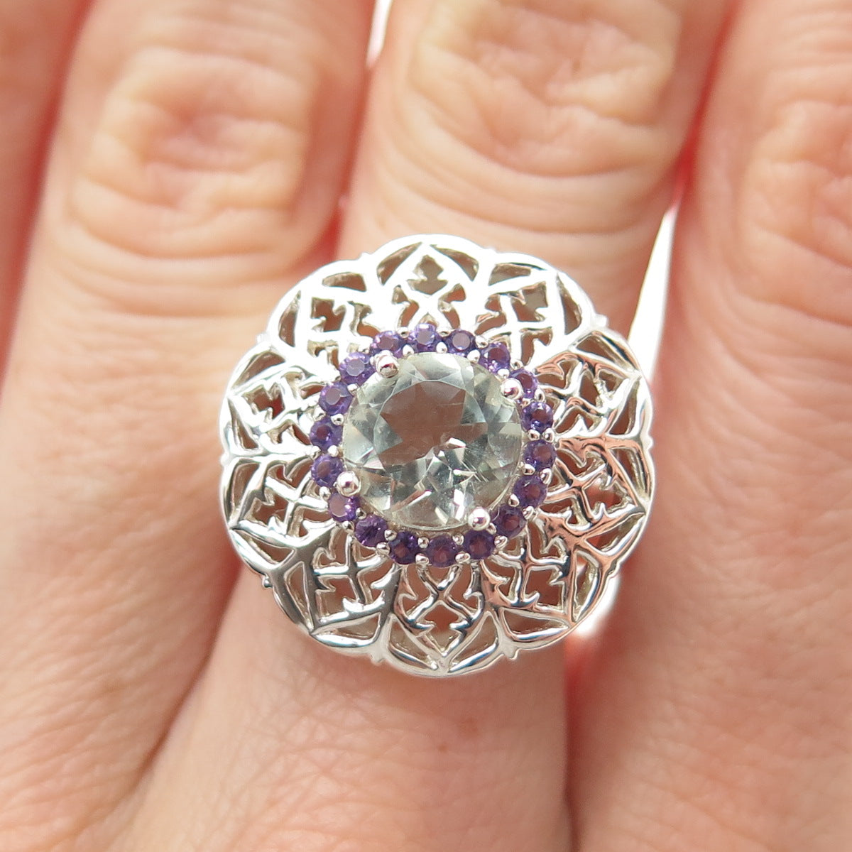 ROSS SIMONS 925 Sterling Silver Real Aquamarine & Amethyst Flower Ring Size 7.25