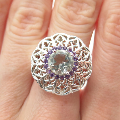 ROSS SIMONS 925 Sterling Silver Real Aquamarine & Amethyst Flower Ring Size 7.25