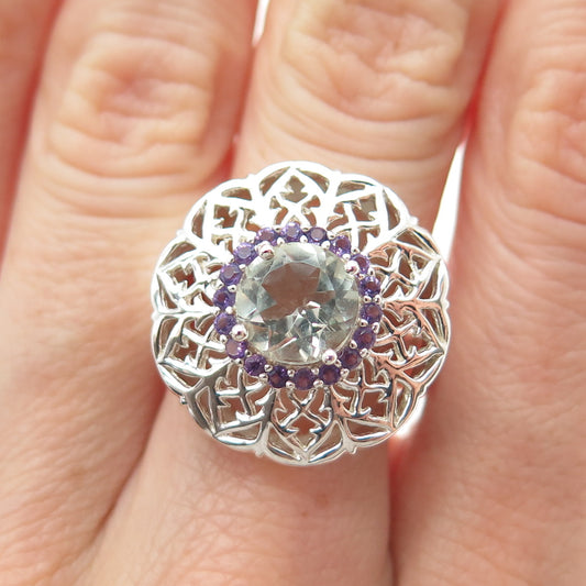 ROSS SIMONS 925 Sterling Silver Real Aquamarine & Amethyst Flower Ring Size 7.25
