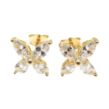 925 Sterling Silver Gold Plated Marquise-Cut C Z Floral Earrings