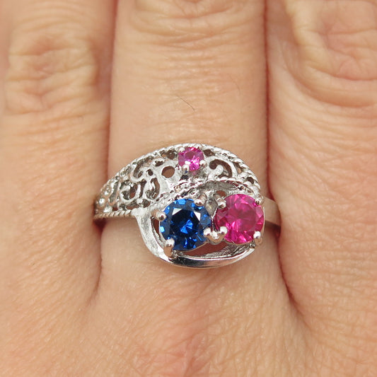 925 Sterling Silver Vintage Lab-Created Pink Sapphire & Blue C Z Ring Size 9