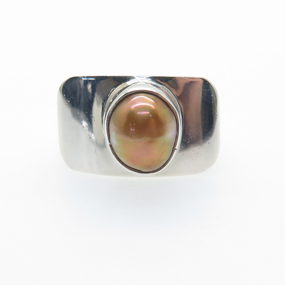 925 Sterling Silver Vintage Real Gold Pearl Modernist Ring Size 6.25
