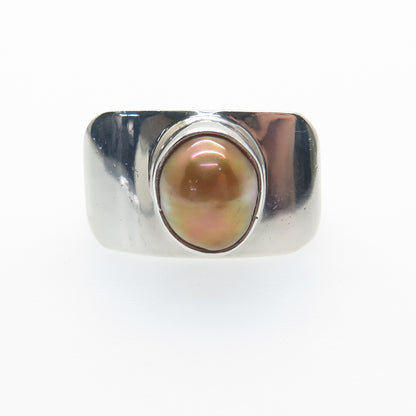925 Sterling Silver Vintage Real Gold Pearl Modernist Ring Size 6.25