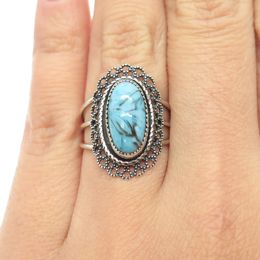 BEAU 925 Sterling Silver Vintage Faux Turquoise Ornate Ring Size 6.5