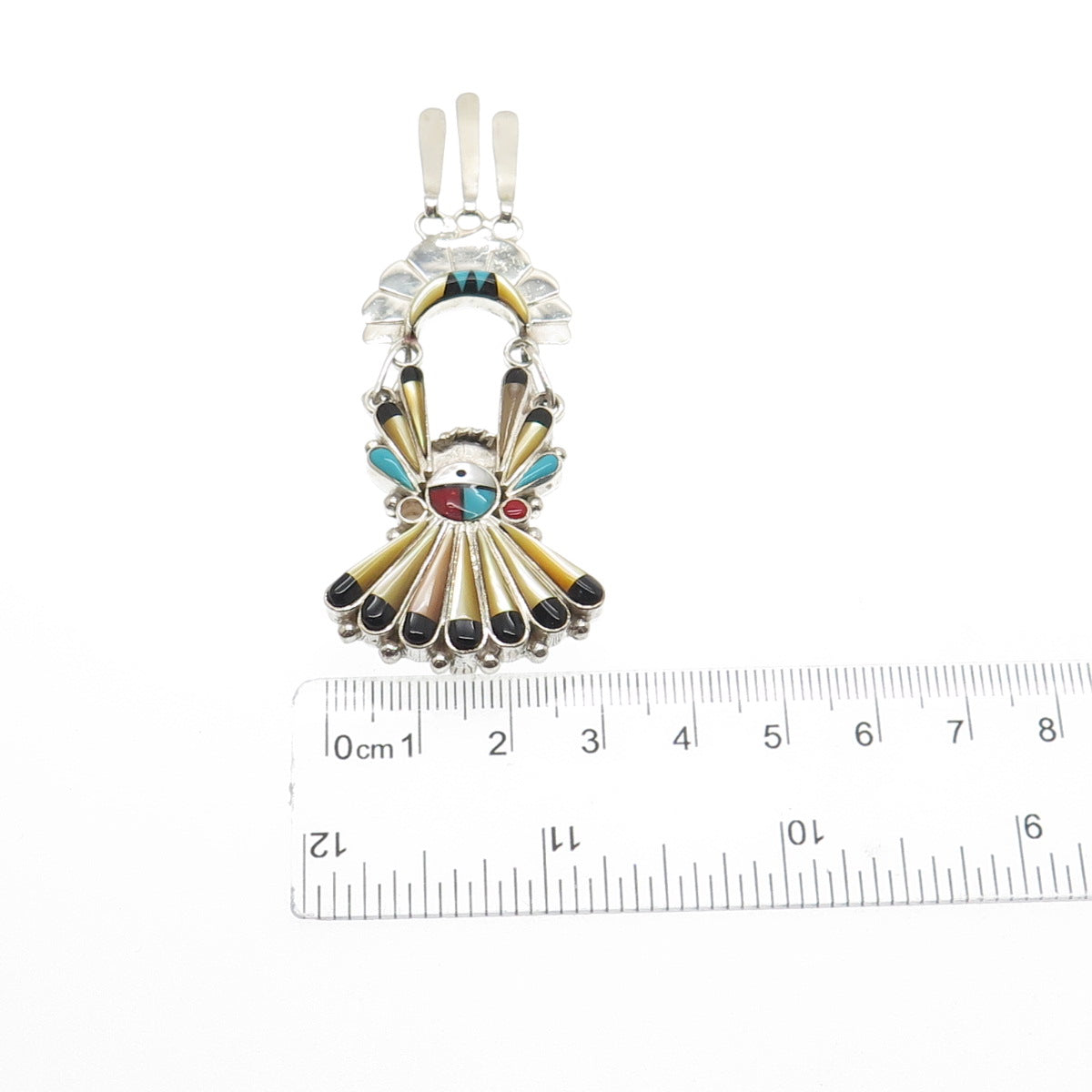 Old Pawn Silver Turquoise Onyx Coral MOP Indian Chief Pendant (missing 1 stone)