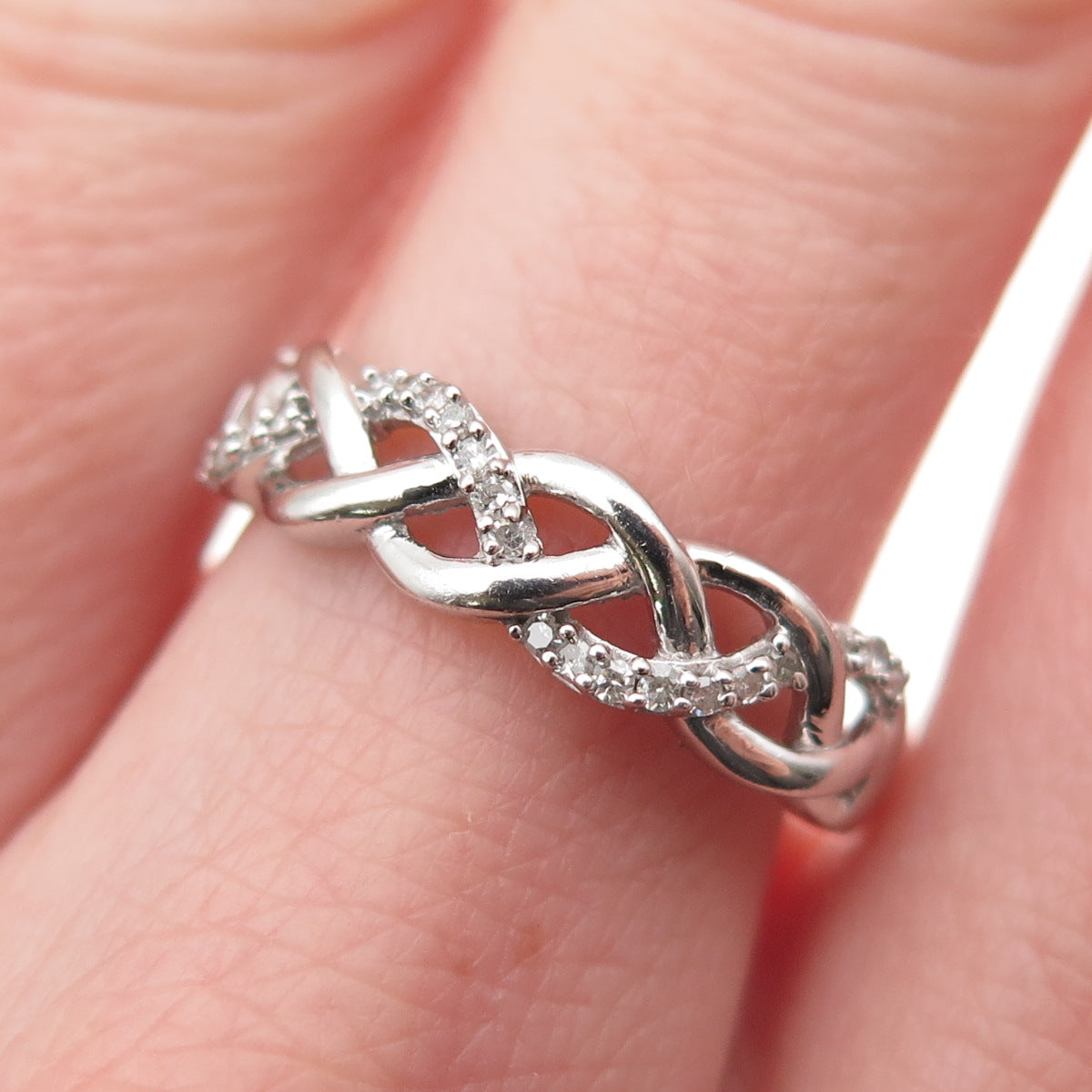 925 Sterling Silver Real Round-Cut Diamond Woven Ring Size 7.75