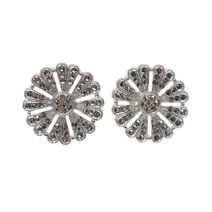 925 Sterling Silver Antique Art Deco Real Marcasite Flower Screw Back Earrings