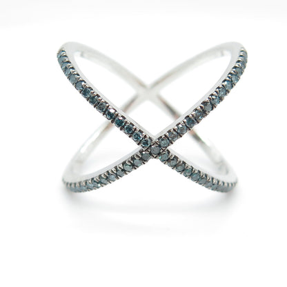 925 Sterling Silver Real Round-Cut Fancy Blue Diamond Crisscross Ring Size 6.25