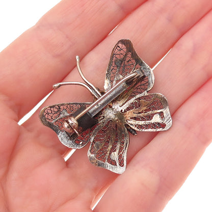 925 Sterling Silver Antique Art Deco Enamel Butterfly Filigree Pin Brooch