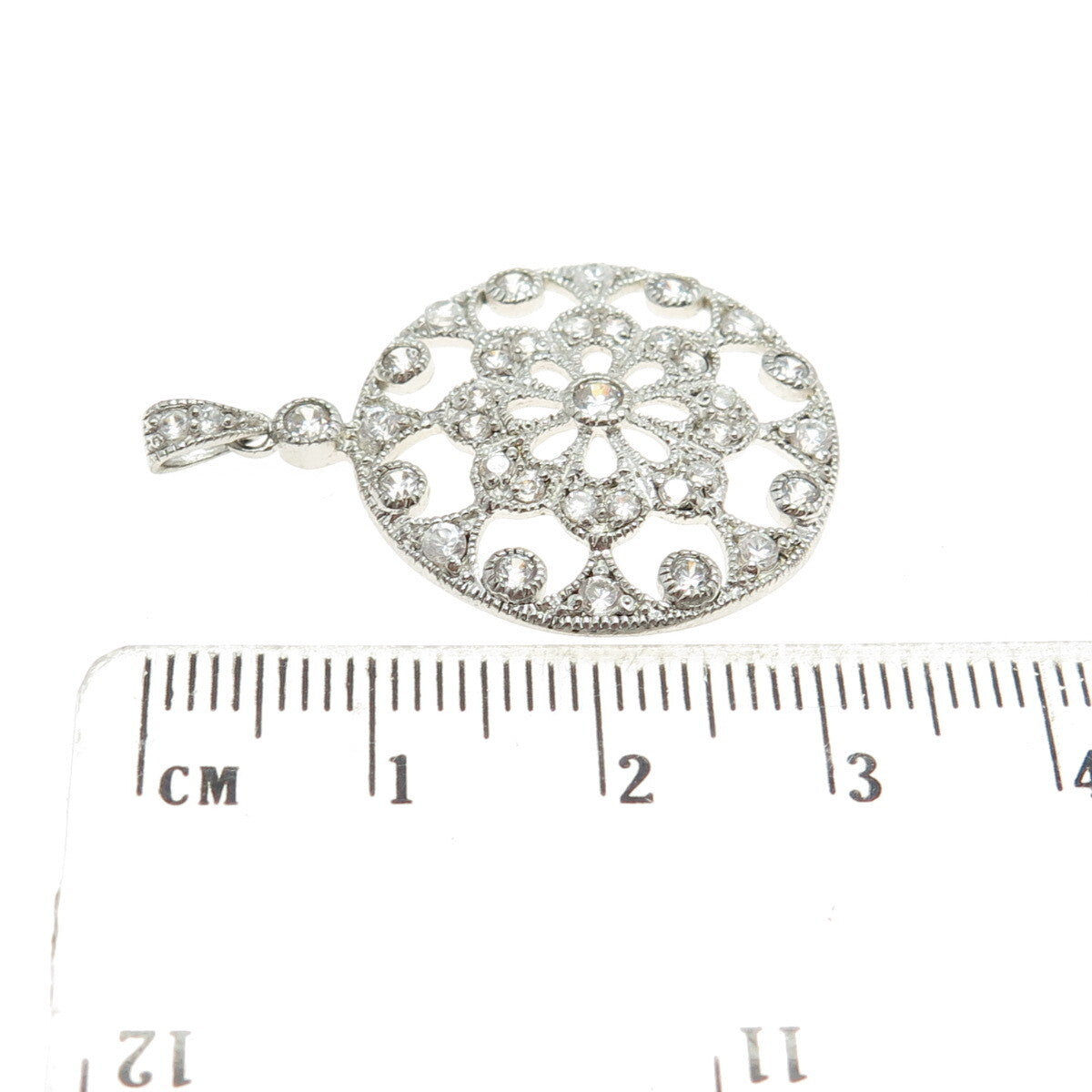 925 Sterling Silver Round-Cut C Z Flower Ornate Pendant