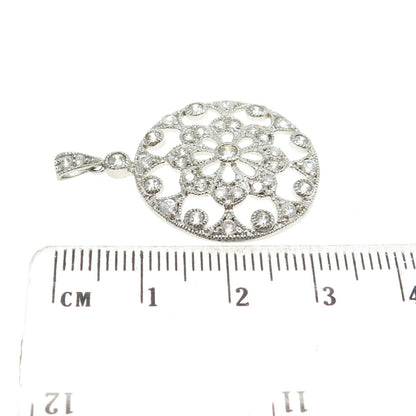 925 Sterling Silver Round-Cut C Z Flower Ornate Pendant