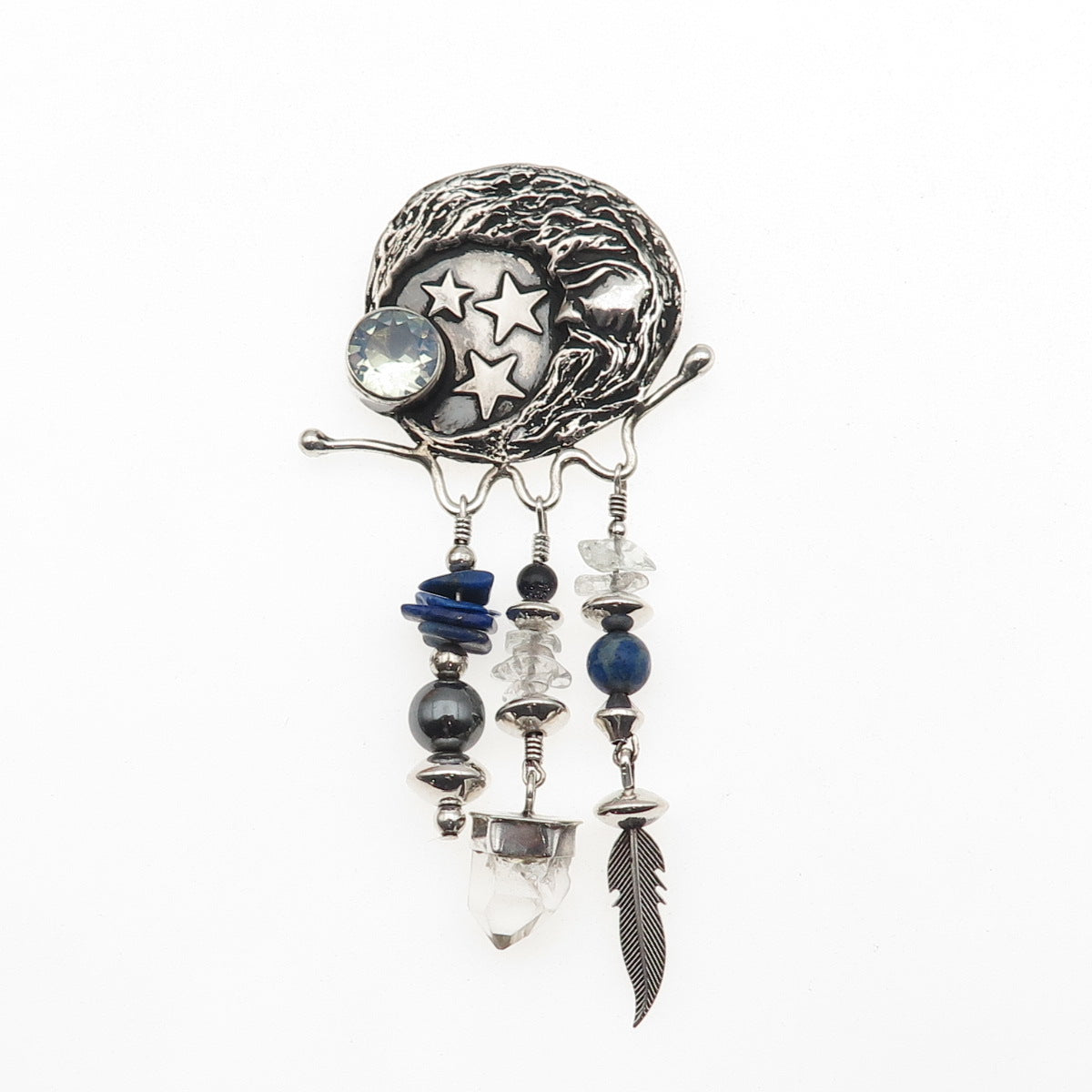 Alan Uchin Sterling Vintage Opalite Hematite Quartz & Lapis Crescent Pin Pendant