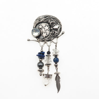 Alan Uchin Sterling Vintage Opalite Hematite Quartz & Lapis Crescent Pin Pendant