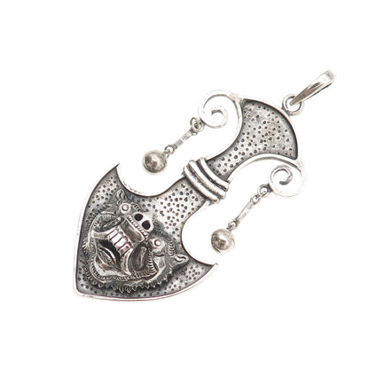 Ardhana Bali 925 Sterling Silver Vintage Tribal Animal Oxidized Large Pendant