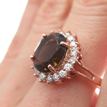 925 Sterling Silver Rose Gold Plated Real Smoky Quartz & C Z Ring Size 8.25