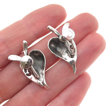 925 Sterling Silver Vintage Modernist Floral Oxidized Screw Back Earrings