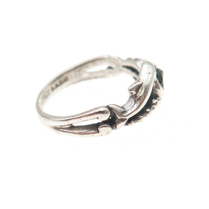 925 Sterling Vintage Real Chrome Diopside Dolphin Couple Oxidized Ring Size 4.75