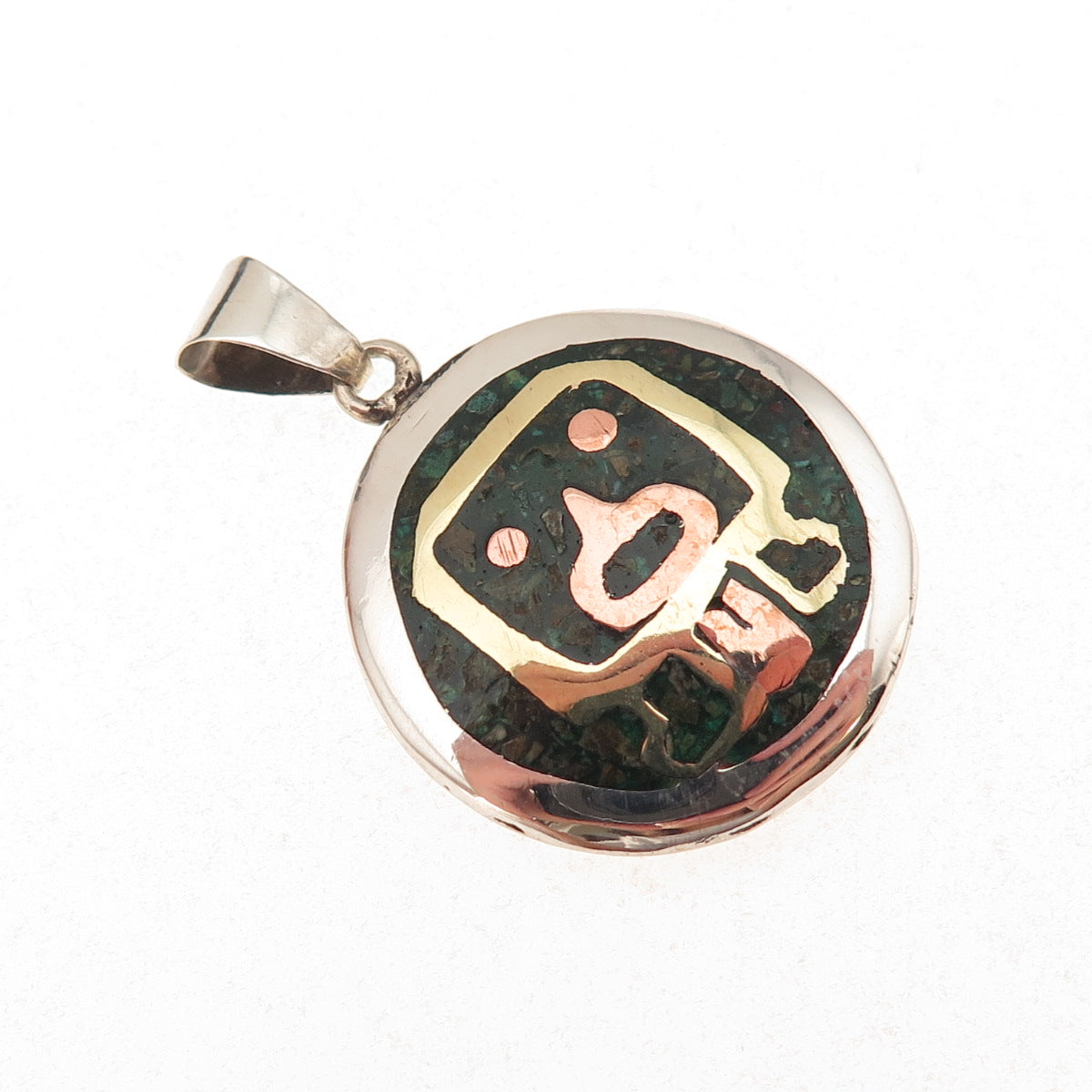 925 Sterling 3-Tone Vintage Real Turquoise Inlay Aztec Animal Charm Pendant