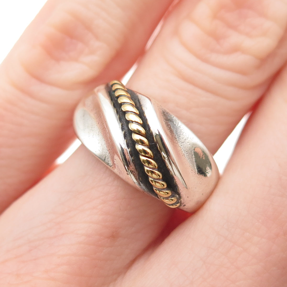 925 Sterling Silver 2-Tone Vintage Mexico Modernist Oxidized Ring Size 6