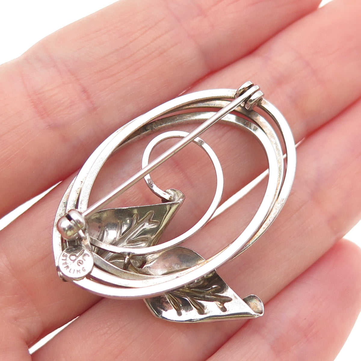 CURTIS 925 Sterling Silver Vintage Modernist Floral Leaf Oxidized Pin Brooch
