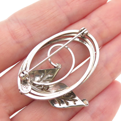 CURTIS 925 Sterling Silver Vintage Modernist Floral Leaf Oxidized Pin Brooch