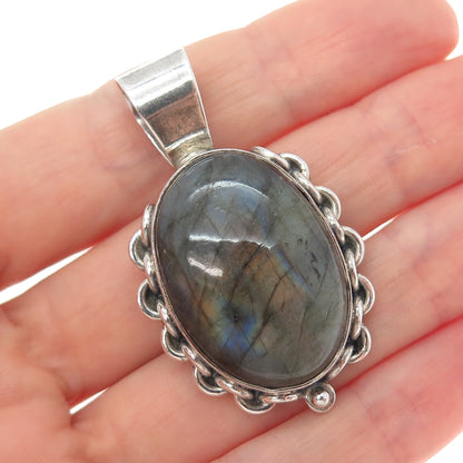 925 Sterling Silver Vintage Real Labradorite Modernist Oxidized Charm Pendant