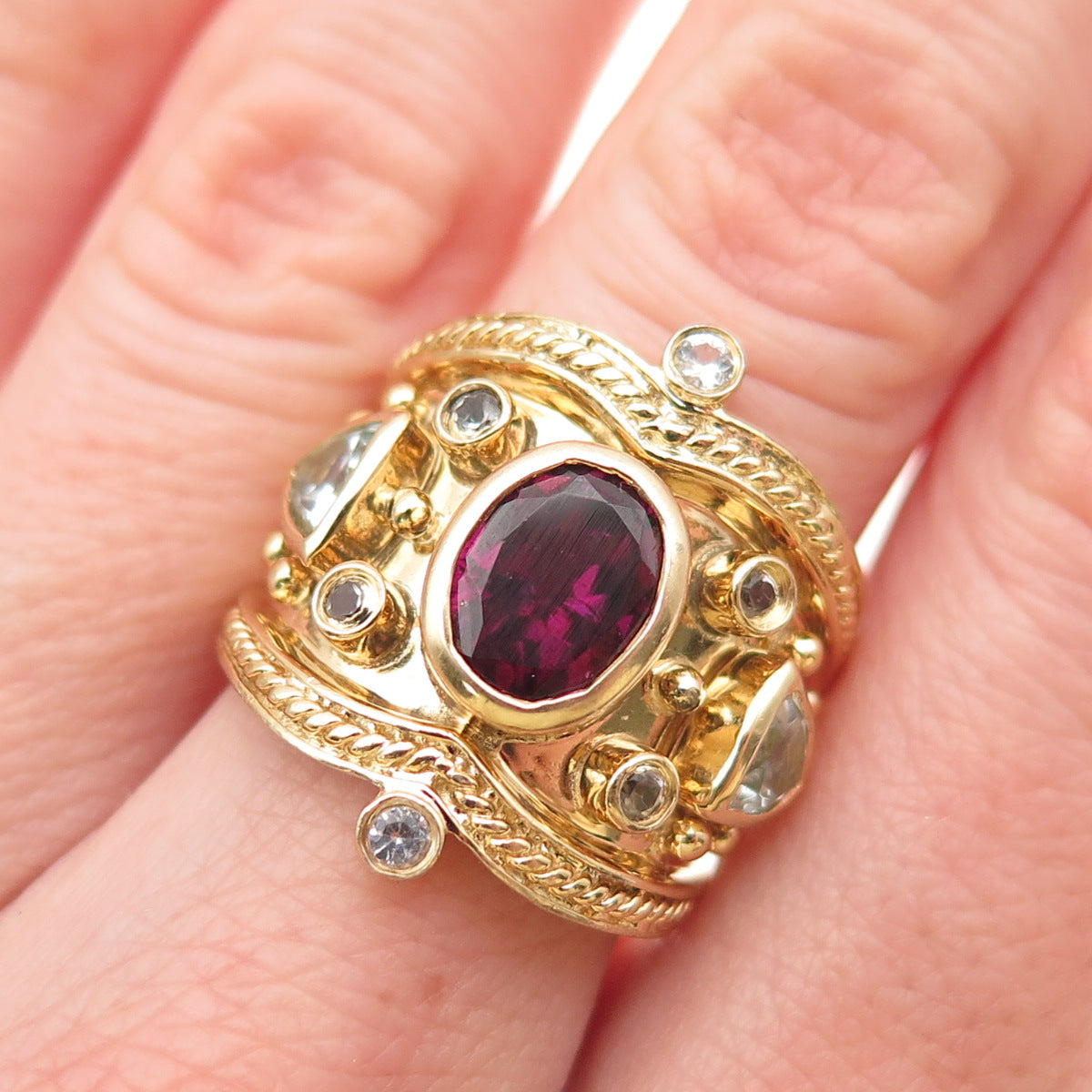 Michael Drechsler Sterling Gold Plated Tourmaline Aquamarine & Topaz Ring Size 7