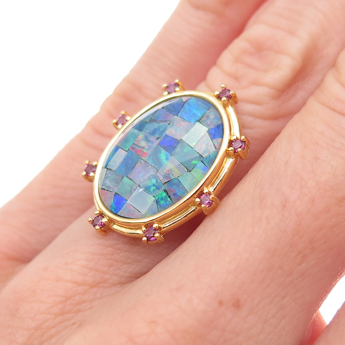 Dasan 925 Sterling Silver Gold Plated Real Opal & Amethyst Mosaic Ring Size 6