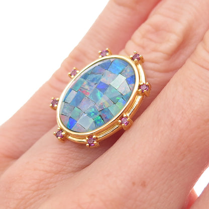 Dasan 925 Sterling Silver Gold Plated Real Opal & Amethyst Mosaic Ring Size 6