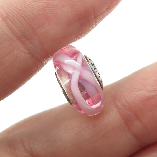 PANDORA 925 Sterling Silver Murano Glass Pink Ribbon Of Hope Bead Charm