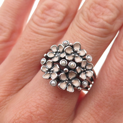 Pandora Sterling Silver Enamel Real Pearl Cherry Blossom Bouquet Ring Size 7.75