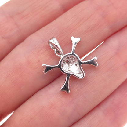 925 Sterling Silver Round-Cut C Z Skull & Crossbones Charm Pendant
