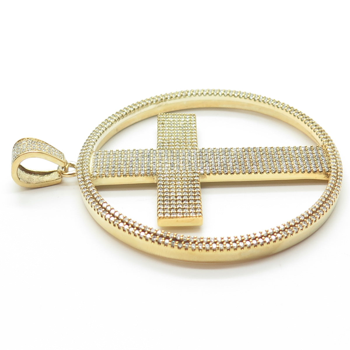 925 Sterling Silver Gold Plated Round-Cut White C Z Cross Pendant