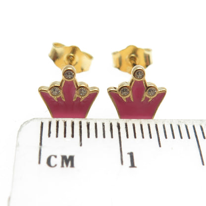 925 Sterling Silver Gold Plated C Z & Pink Enamel Crown Stud Earrings