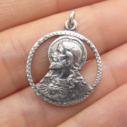 925 Sterling Silver Antique Art Deco Jesus Sacred Heart & St. Mary Charm Pendant